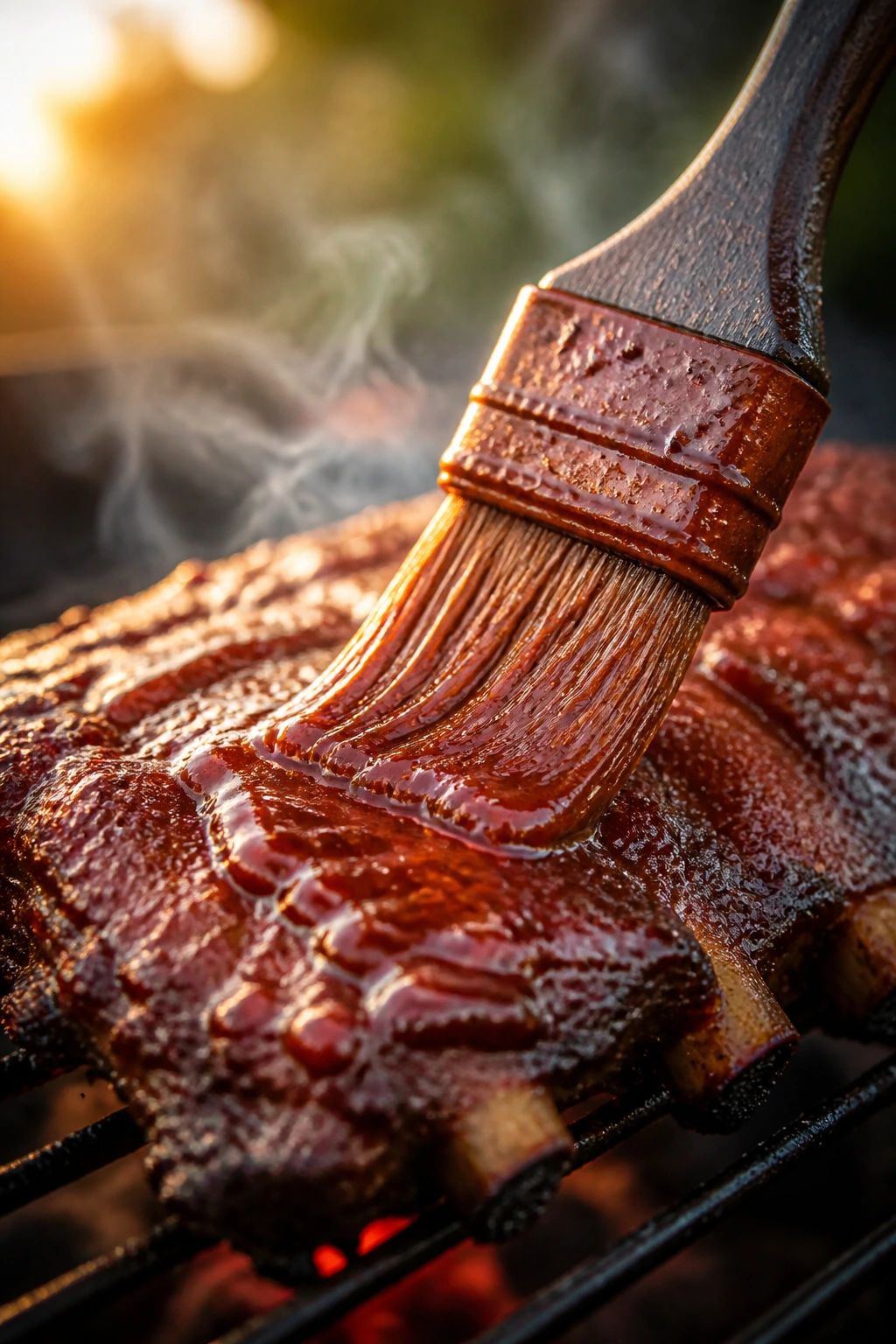 Close-up of a basting brush coating ribs with tangy BBQ sauce on a smoky backyard grill