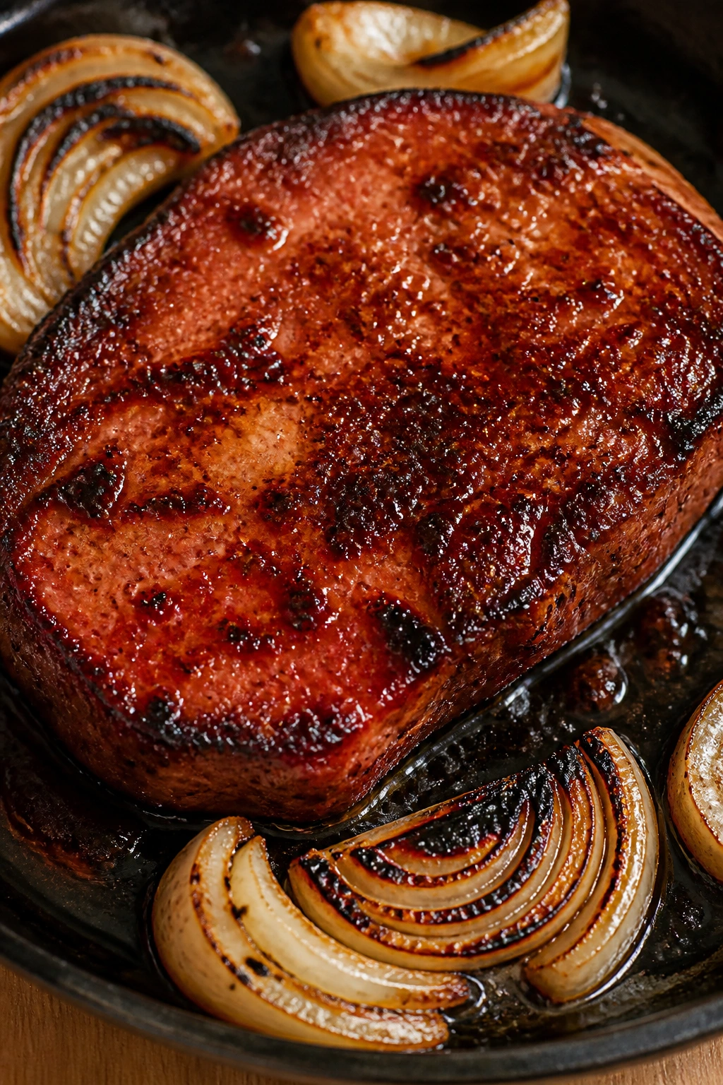 Ham steak with smoky BBQ glaze and charred onions in skillet