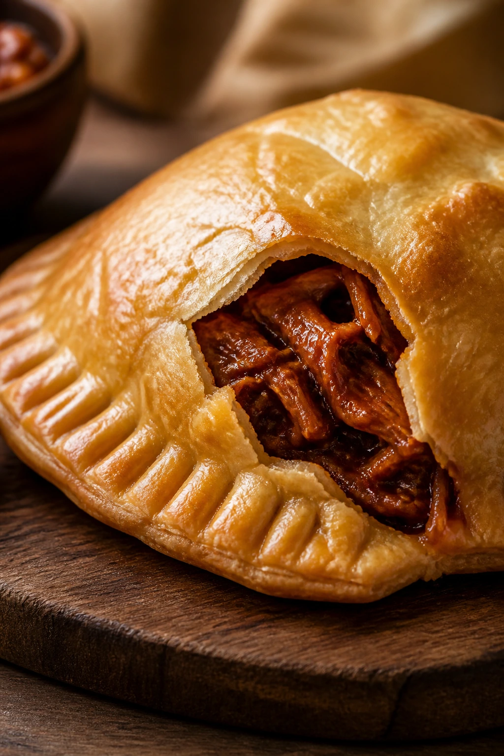 Close-up of a BBQ jackfruit hand pie with flaky crust and smoky filling on a wooden board