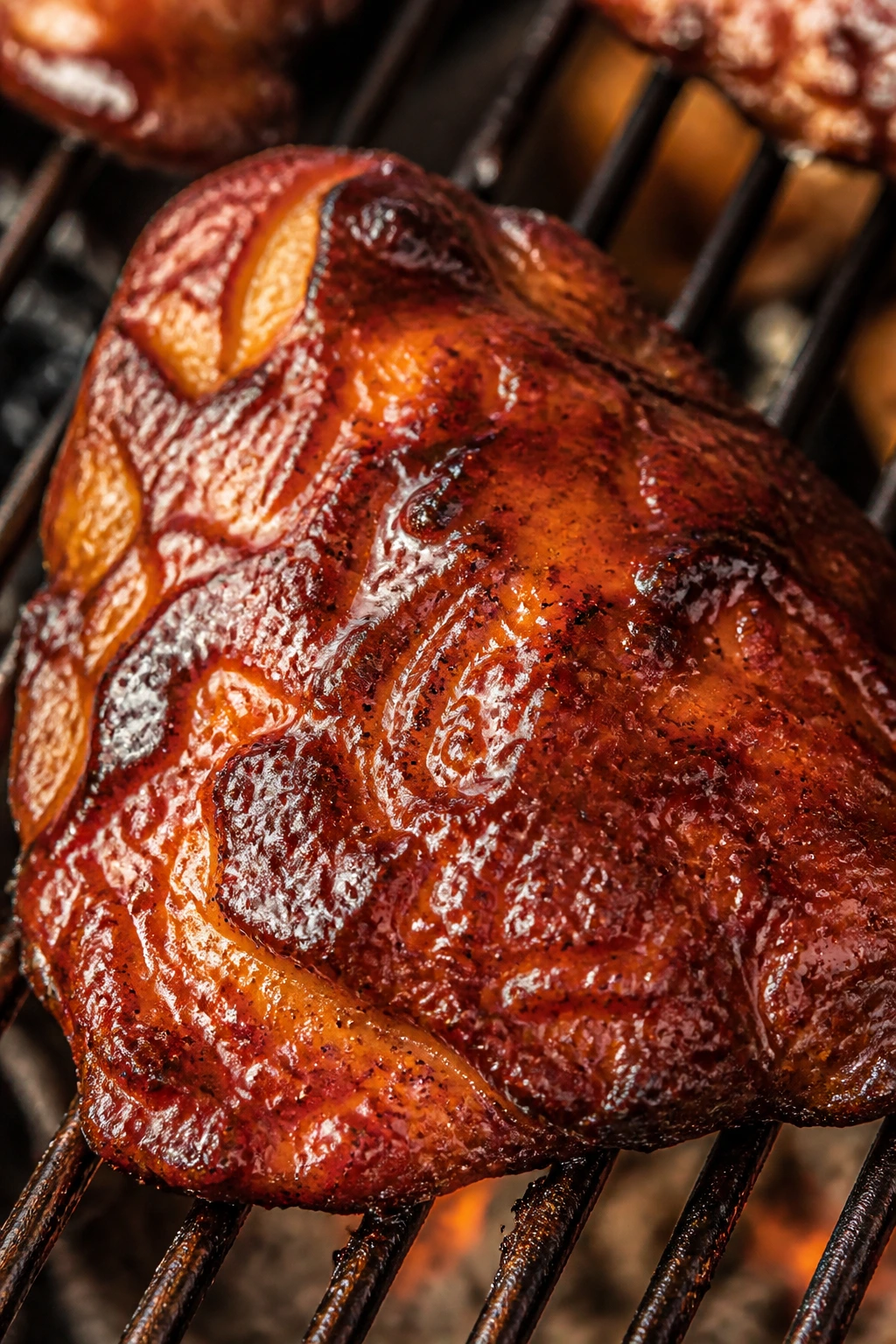 Close-up of a chicken thigh coated in thick glossy BBQ marinade in a backyard grill setting.
