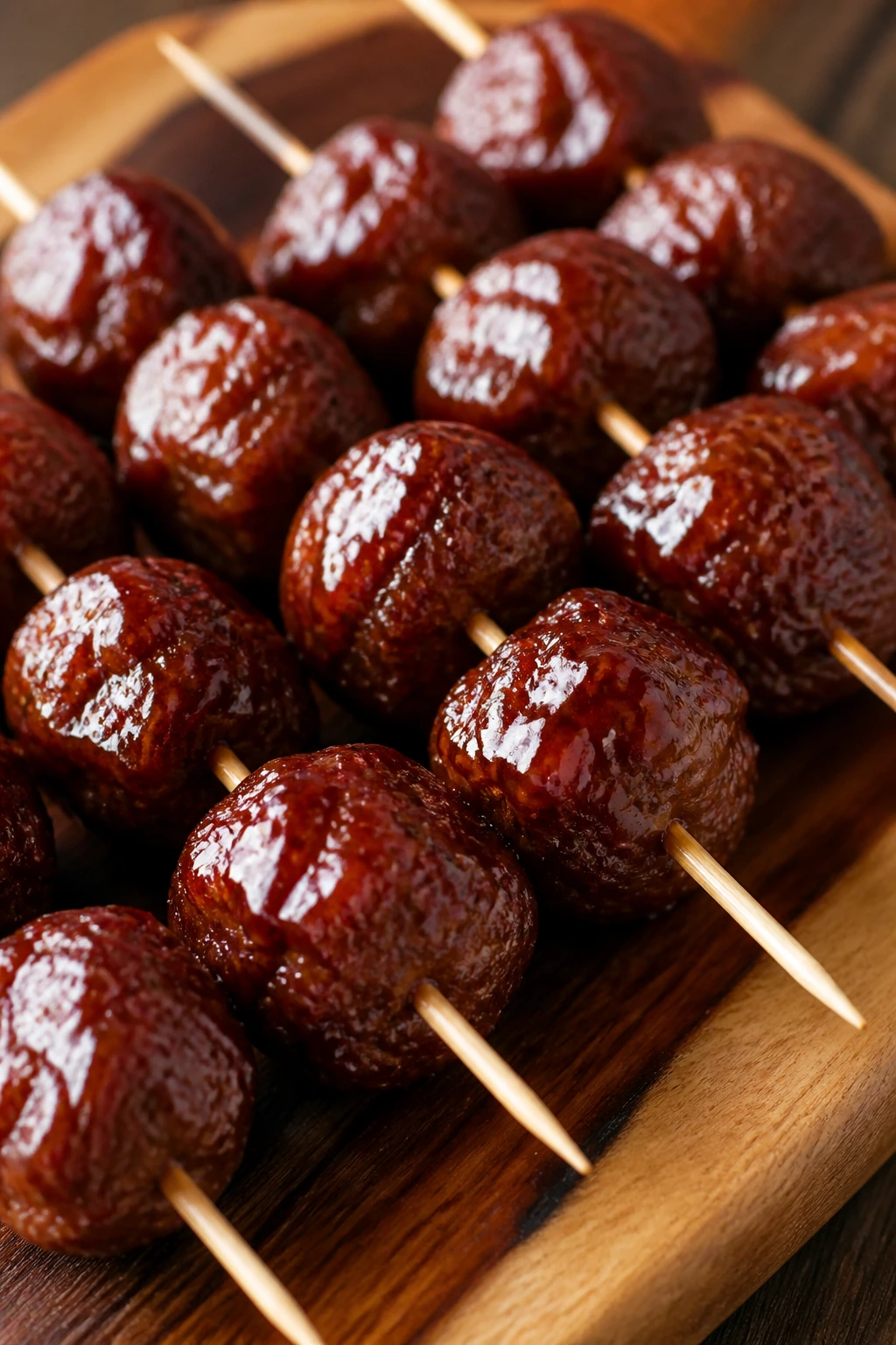 Close-up of BBQ meatball skewers on a wooden board with glossy glaze.