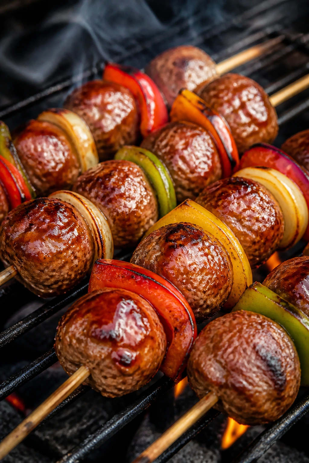 Meatball and veggie skewers with BBQ glaze on a grill