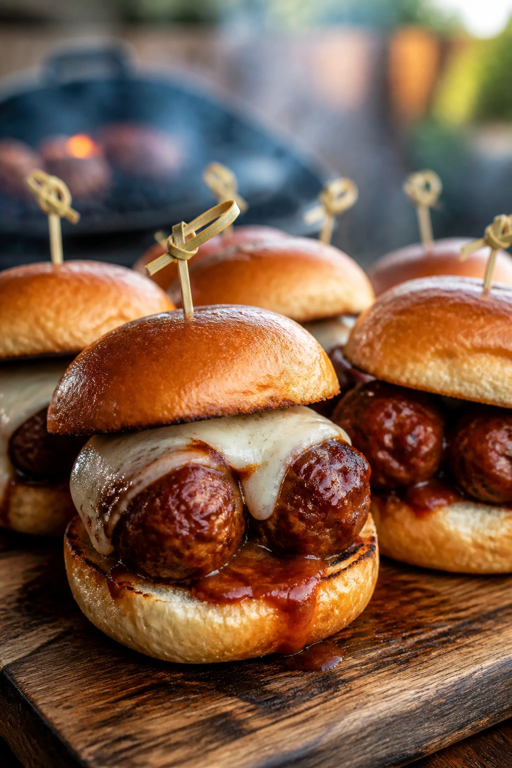 Meatball sliders with BBQ glaze and melted cheese on buns outdoors