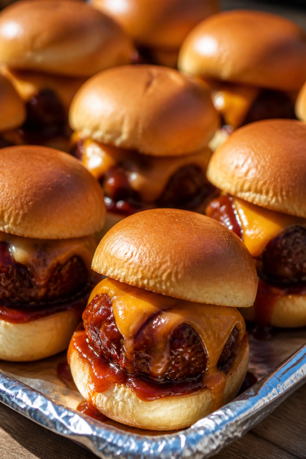 Barbecue meatball sliders arranged on a picnic board