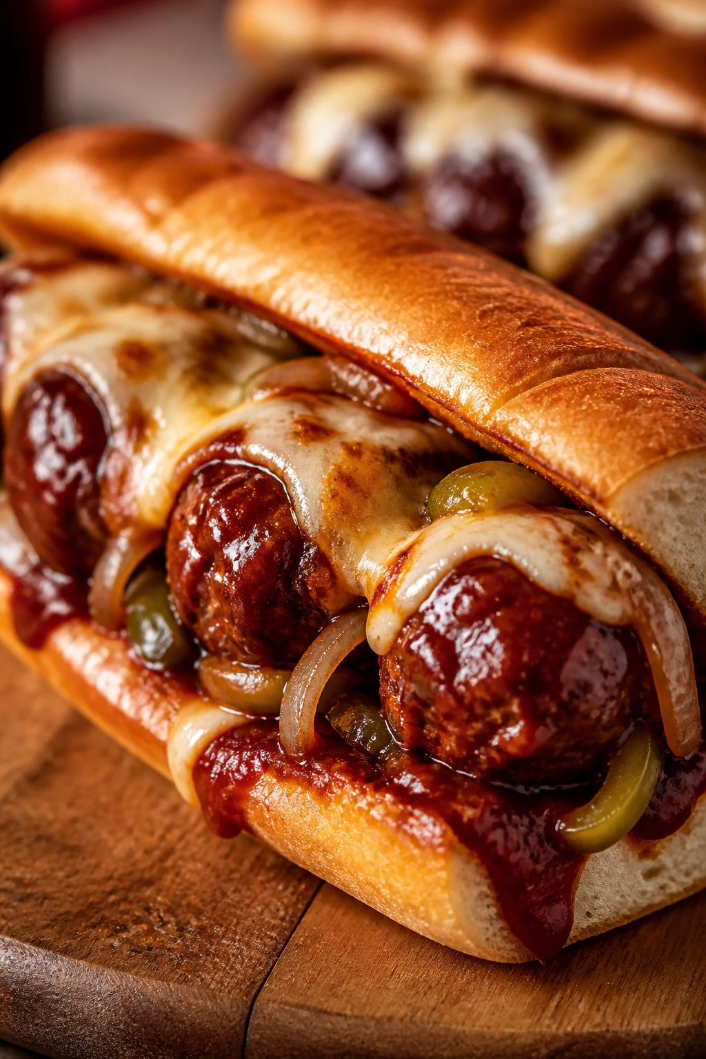 Beef meatball sub with BBQ sauce and melted cheese