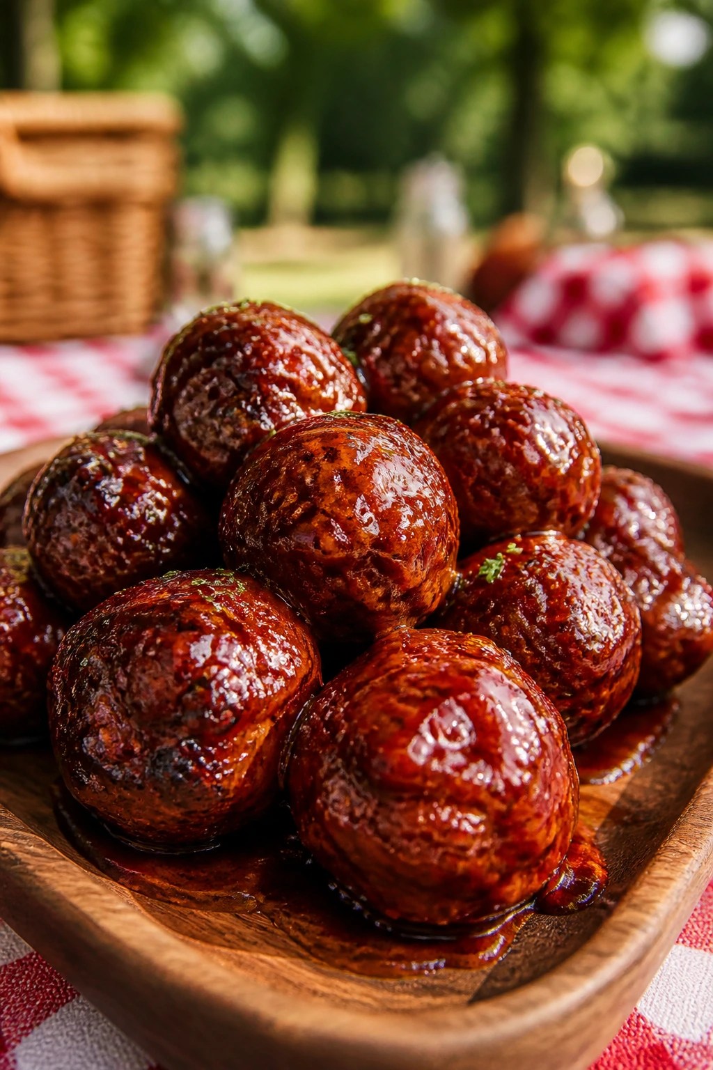 Barbecue meatballs with bourbon glaze on a wooden tray