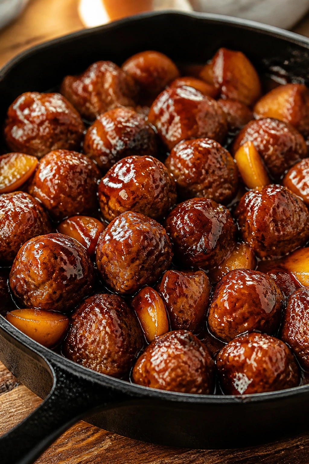 Close-up of bourbon-peach BBQ meatballs with glossy glaze.