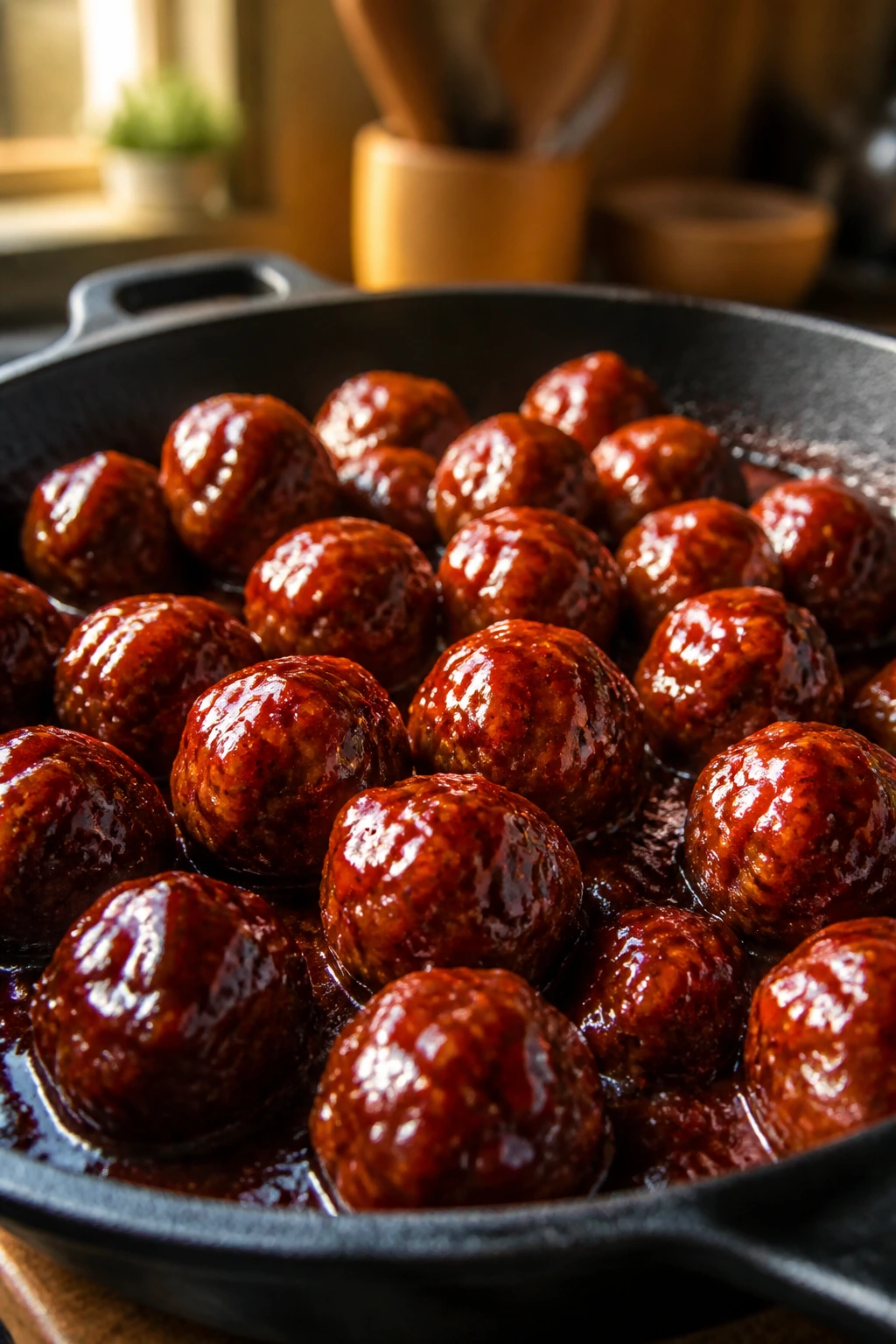 BBQ meatballs with sticky glaze in a skillet