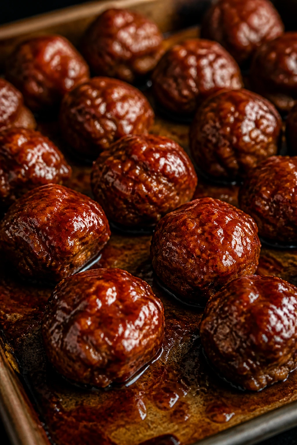 Tray of glossy BBQ meatballs with sticky glaze