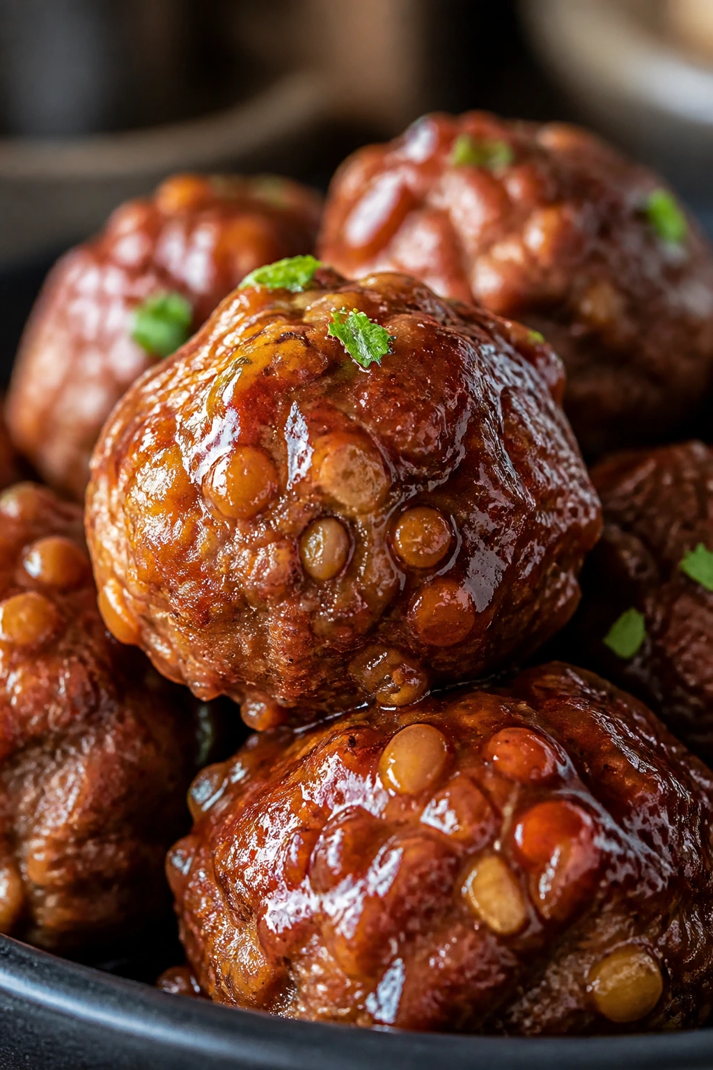 Beef meatball with visible lentils and BBQ glaze.