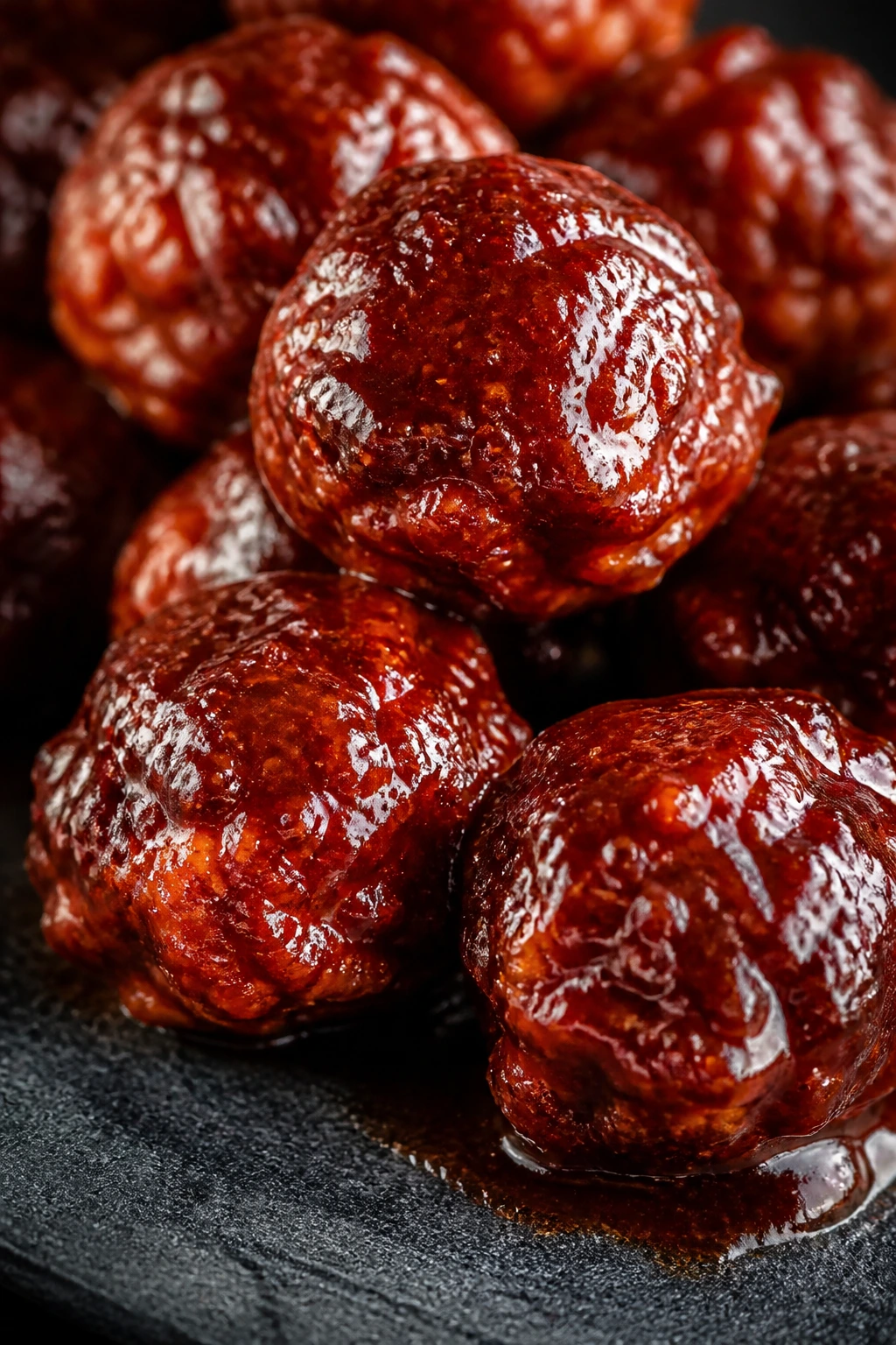Glossy deep-red meatballs with thick glaze.