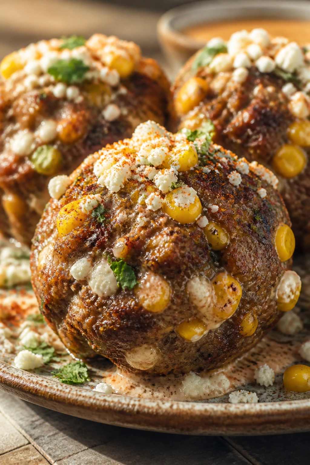 Beef meatball with corn kernels and cotija in sauce.