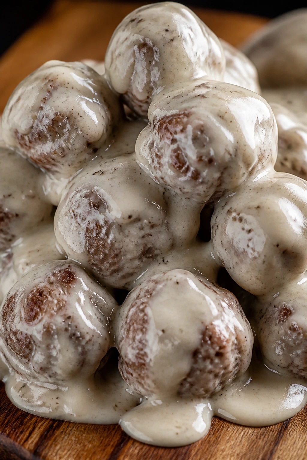 Beef meatballs coated in creamy Alabama white sauce.