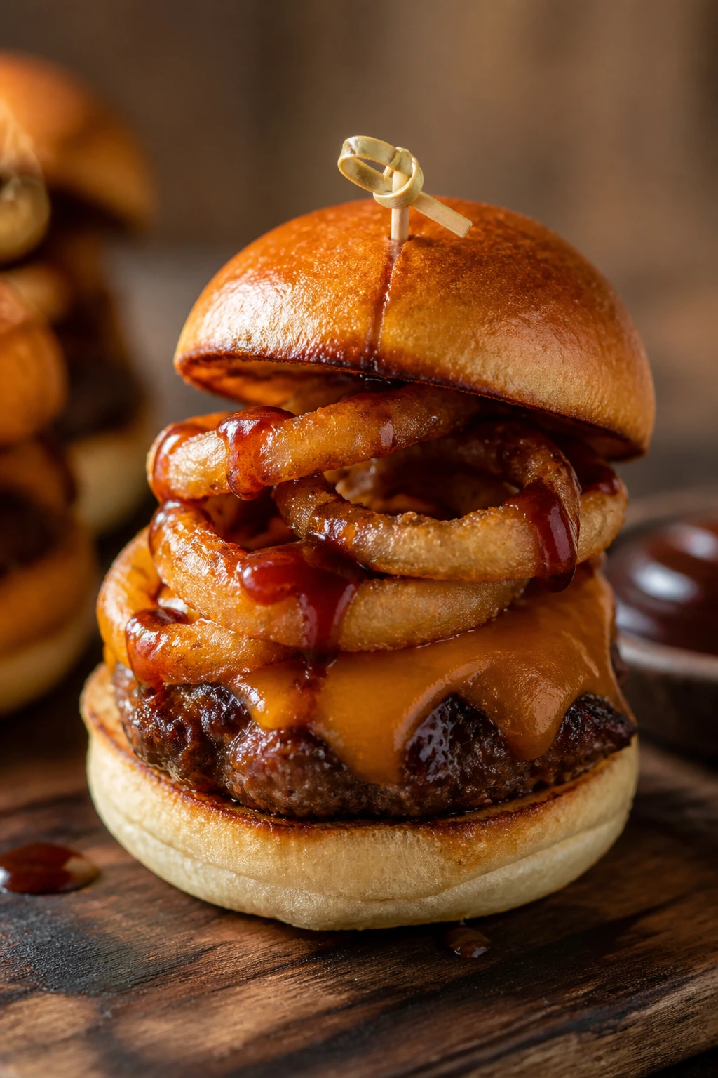 Close-up of BBQ onion ring slider with crispy rings