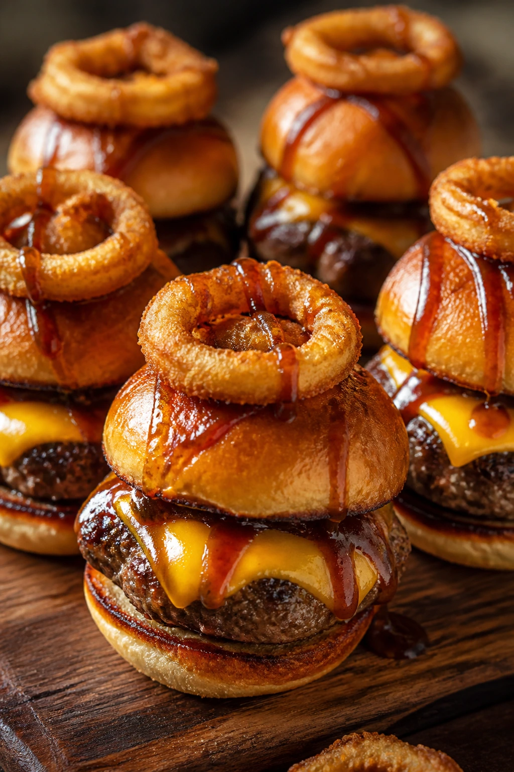 Close-up of BBQ Onion Ring Cheeseburger Sliders with onion rings on top and barbecue glaze