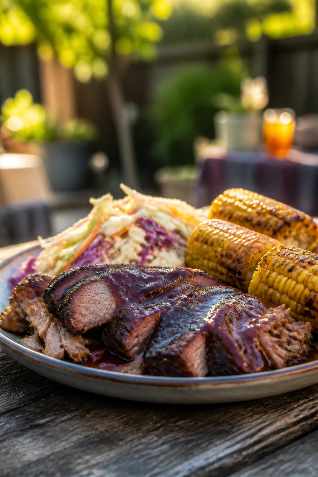 Close-up of a hero plate with tangy BBQ and crisp slaw in backyard setting