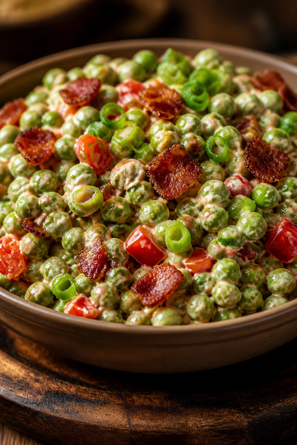 Close-up of BBQ Pea Salad with Bacon and Scallions showing peas, bacon, and peppers in a smoky dressing.