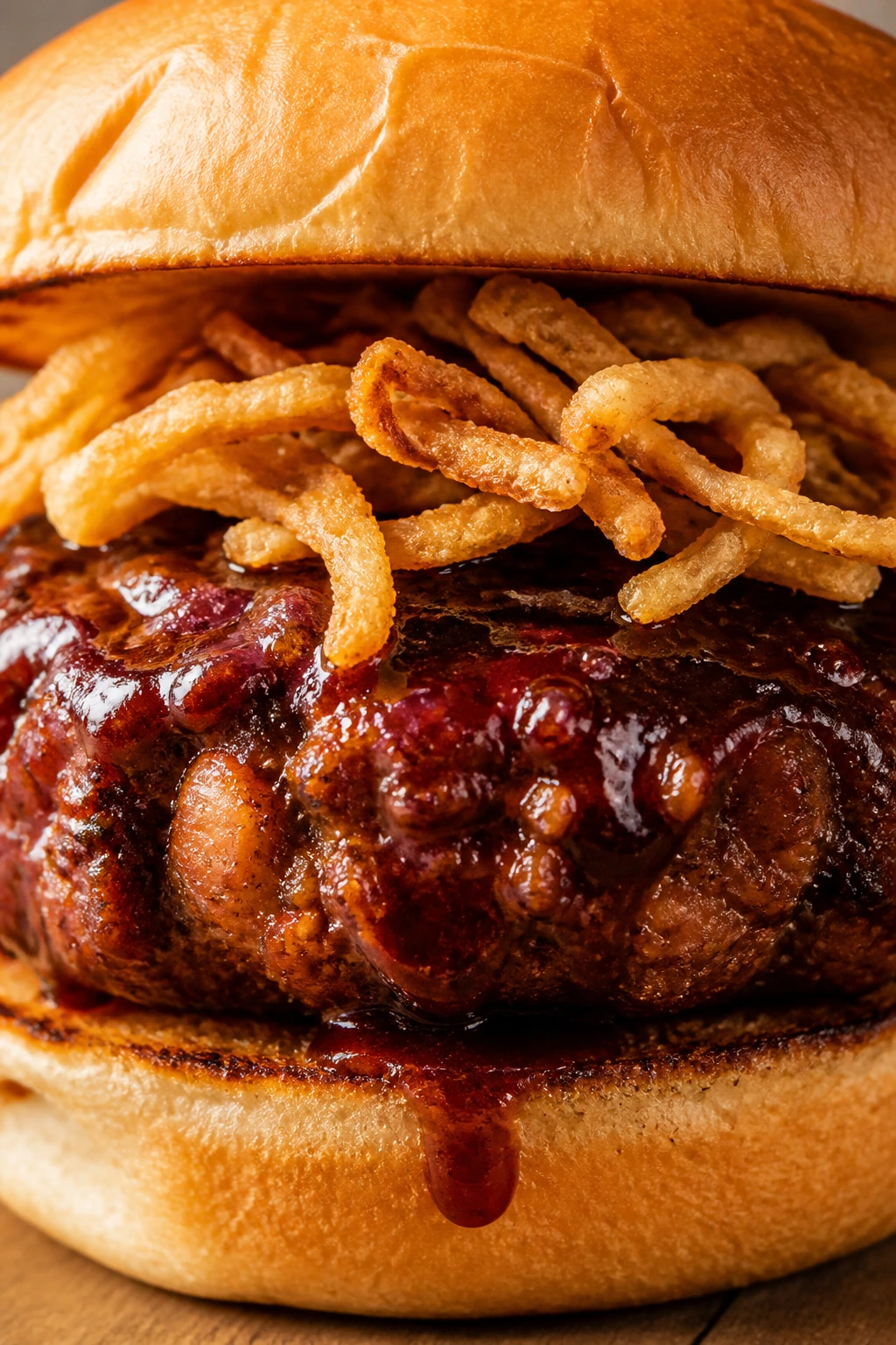 Close-up of BBQ Pinto Burger with crispy onions on bun