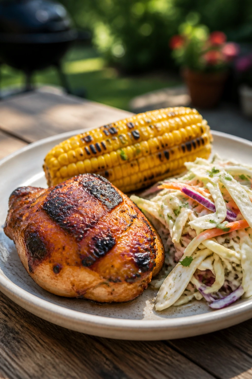 Plated BBQ dinner showing hot main, cool side, and crisp slaw in a backyard setting