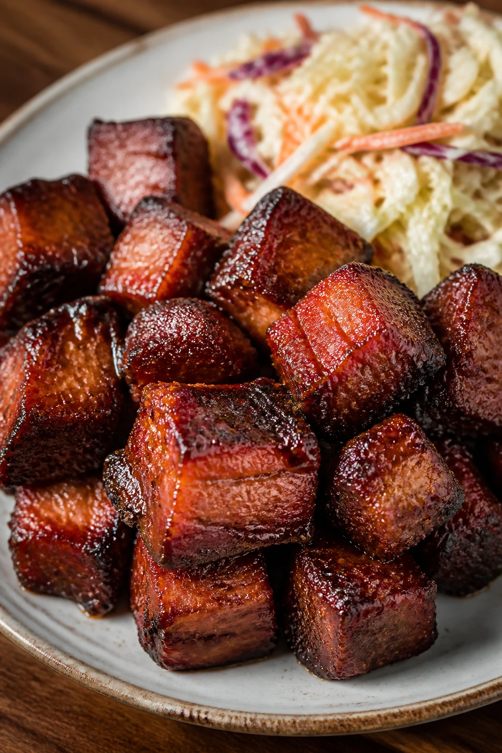 Glossy BBQ burnt ends with coleslaw on a plate