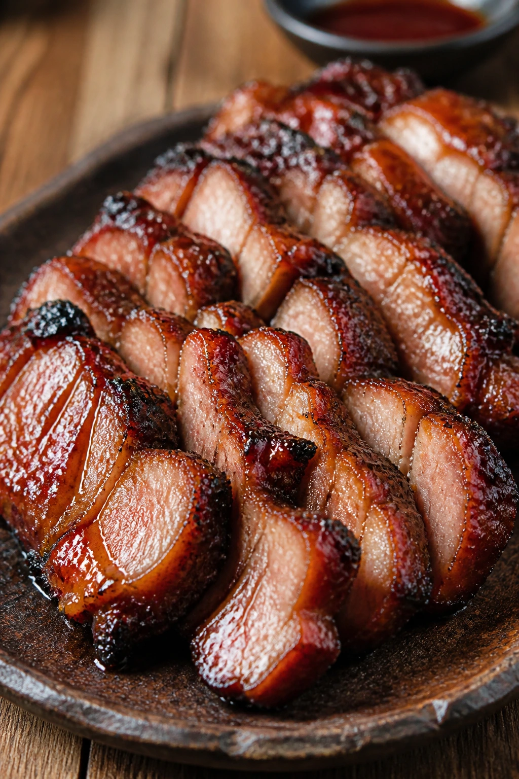 Plated crispy BBQ pork with brown sugar glaze and caramelized edges on a rustic plate