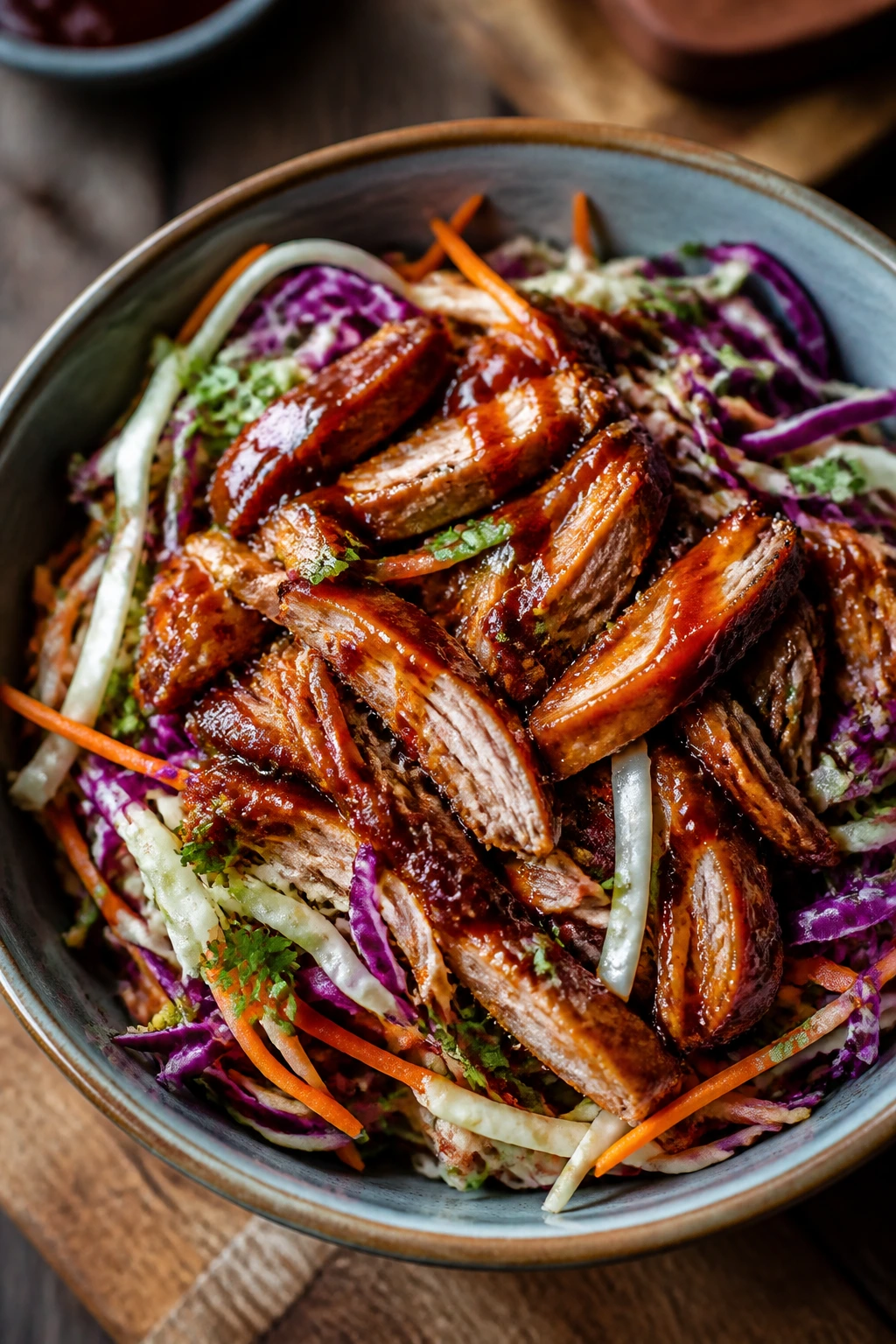 Close-up BBQ pork slaw bowl with pork and slaw