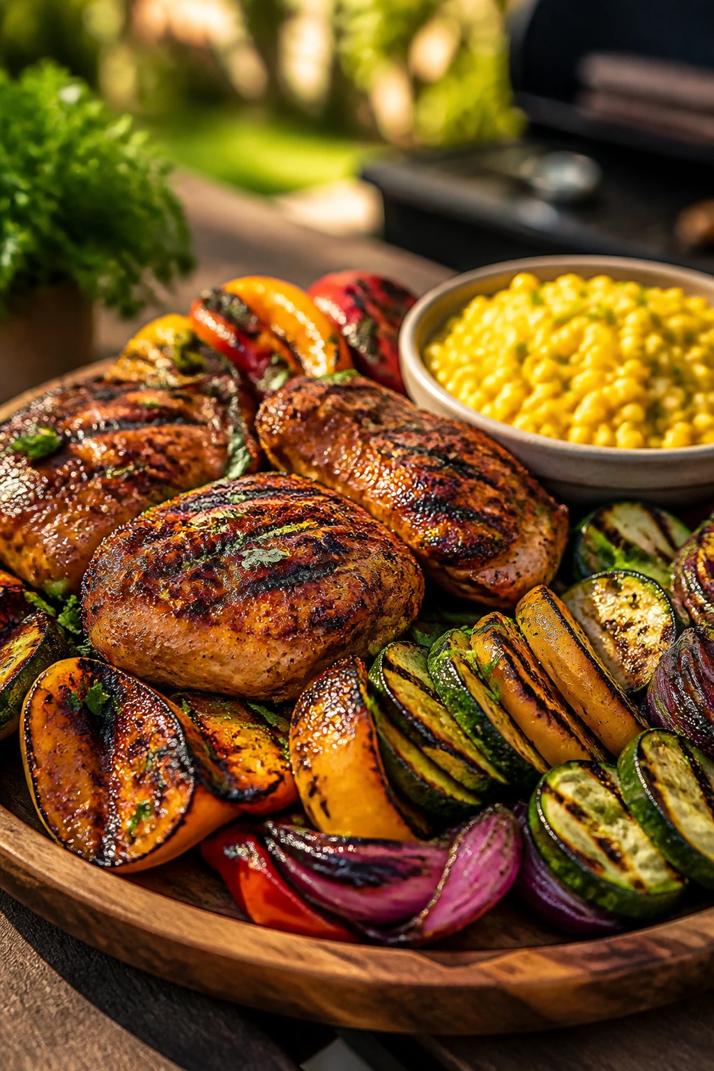 Warm grilled protein platter with bronzed chicken and vegetables on a wooden board