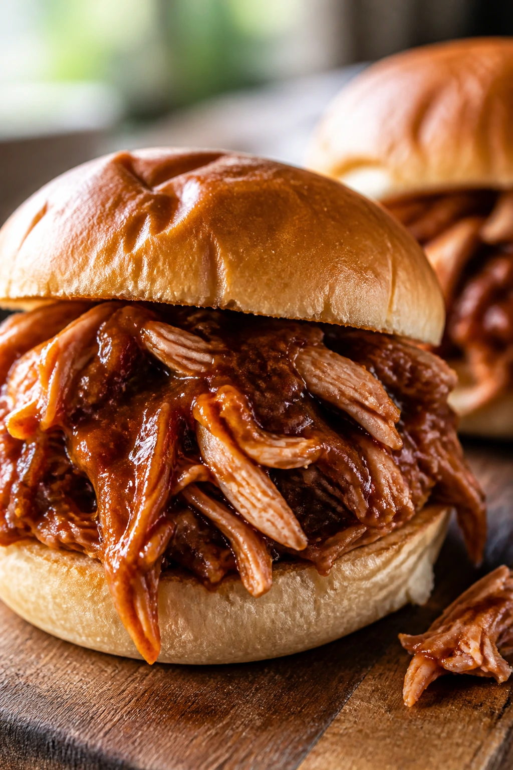 Close-up of a saucy BBQ pulled chicken sandwich on a toasted bun on a wooden board