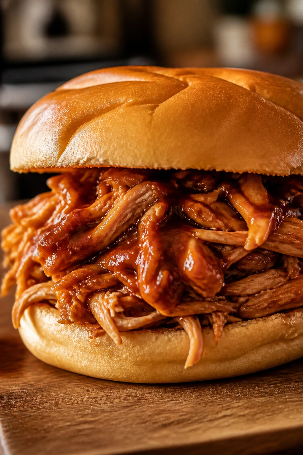 Saucy pulled chicken sandwich on a bun with BBQ glaze