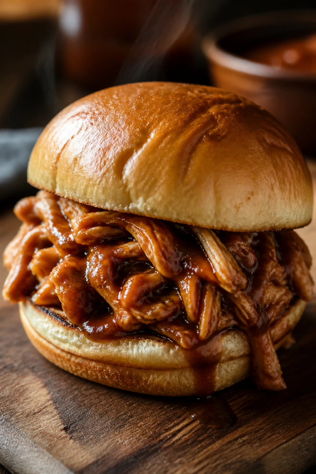 Close-up of a BBQ pulled chicken sandwich with tender meat and sticky sauce on a soft bun