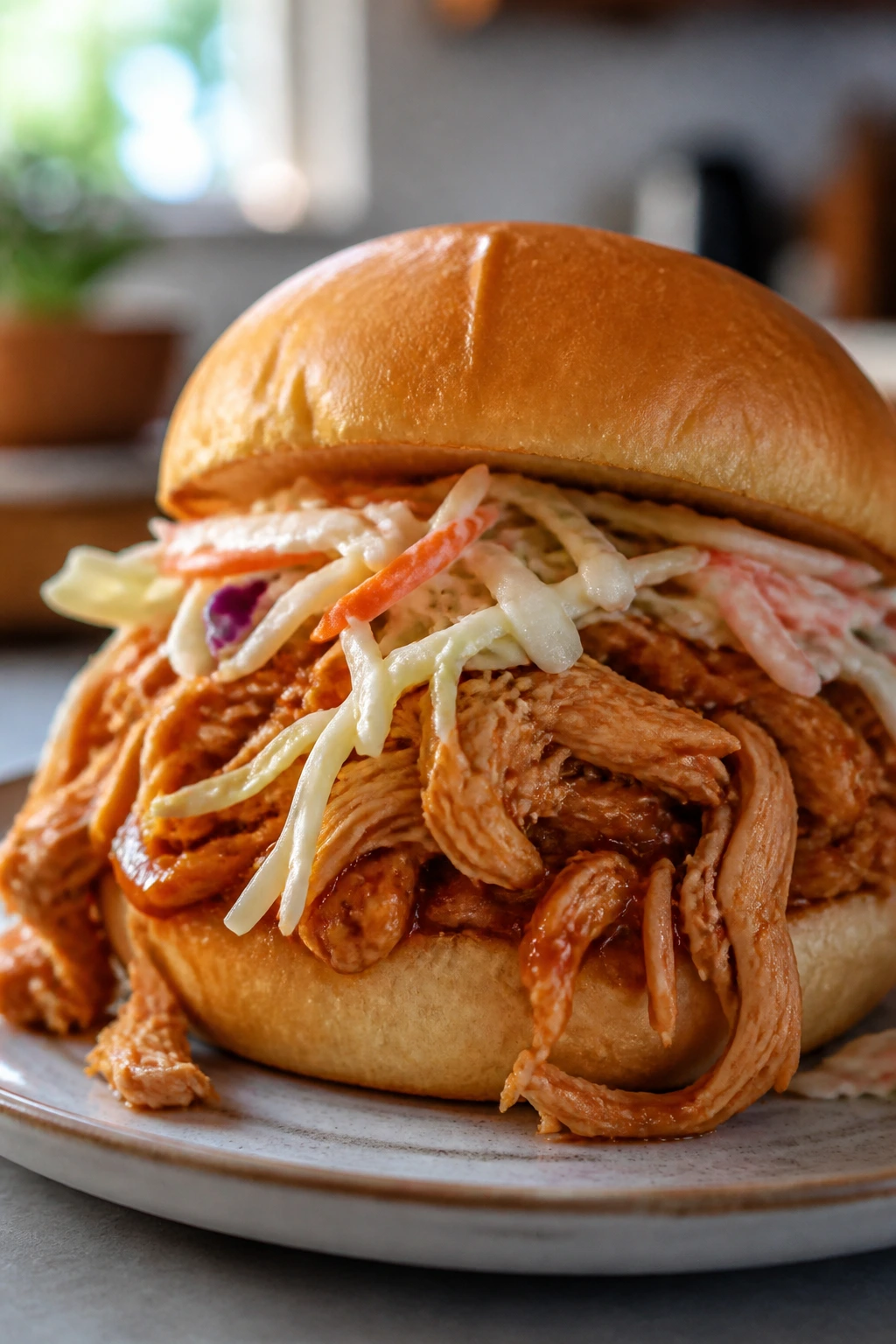 BBQ pulled chicken sandwich on a bun with coleslaw