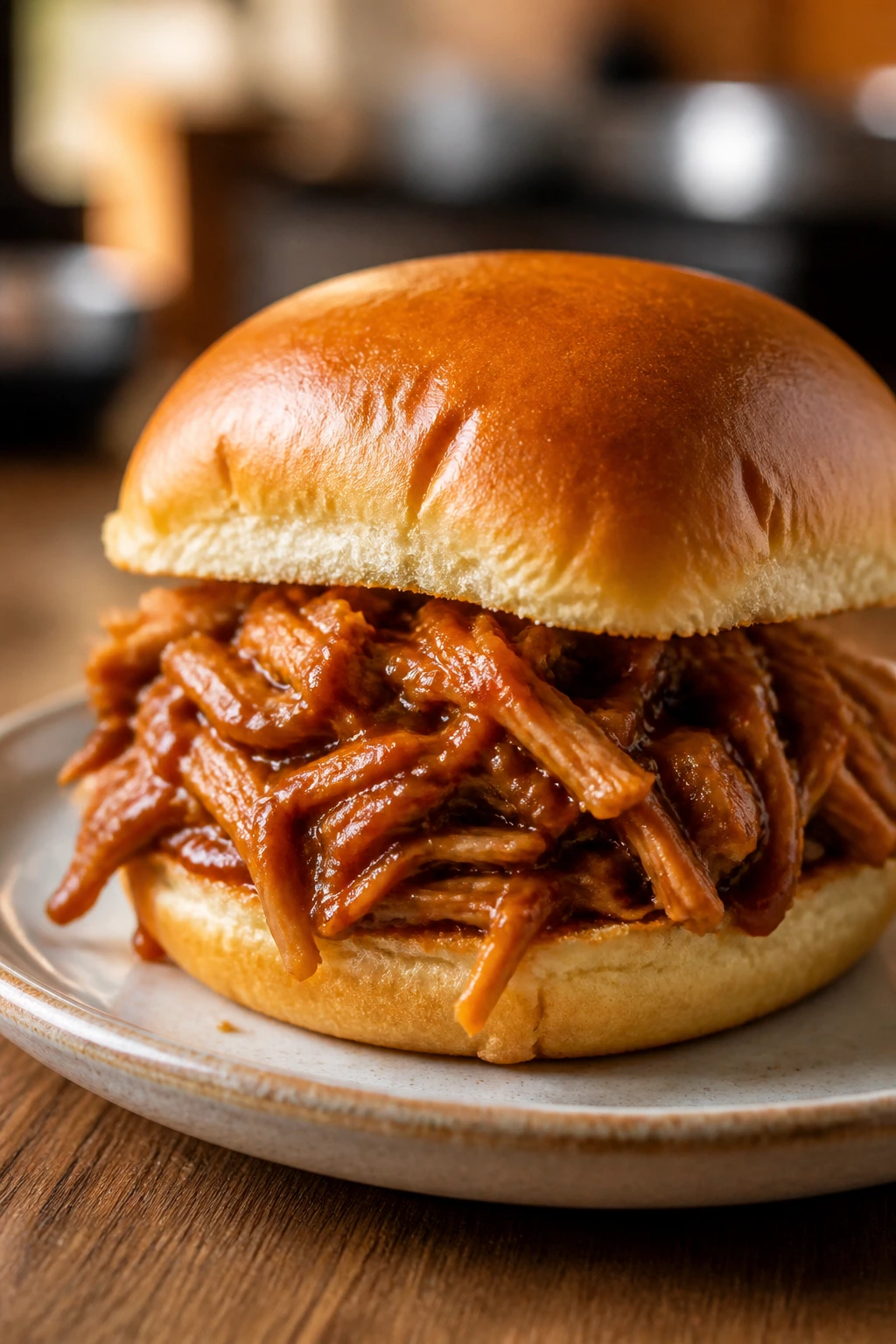 Close-up of a pulled chicken slider on a bun.