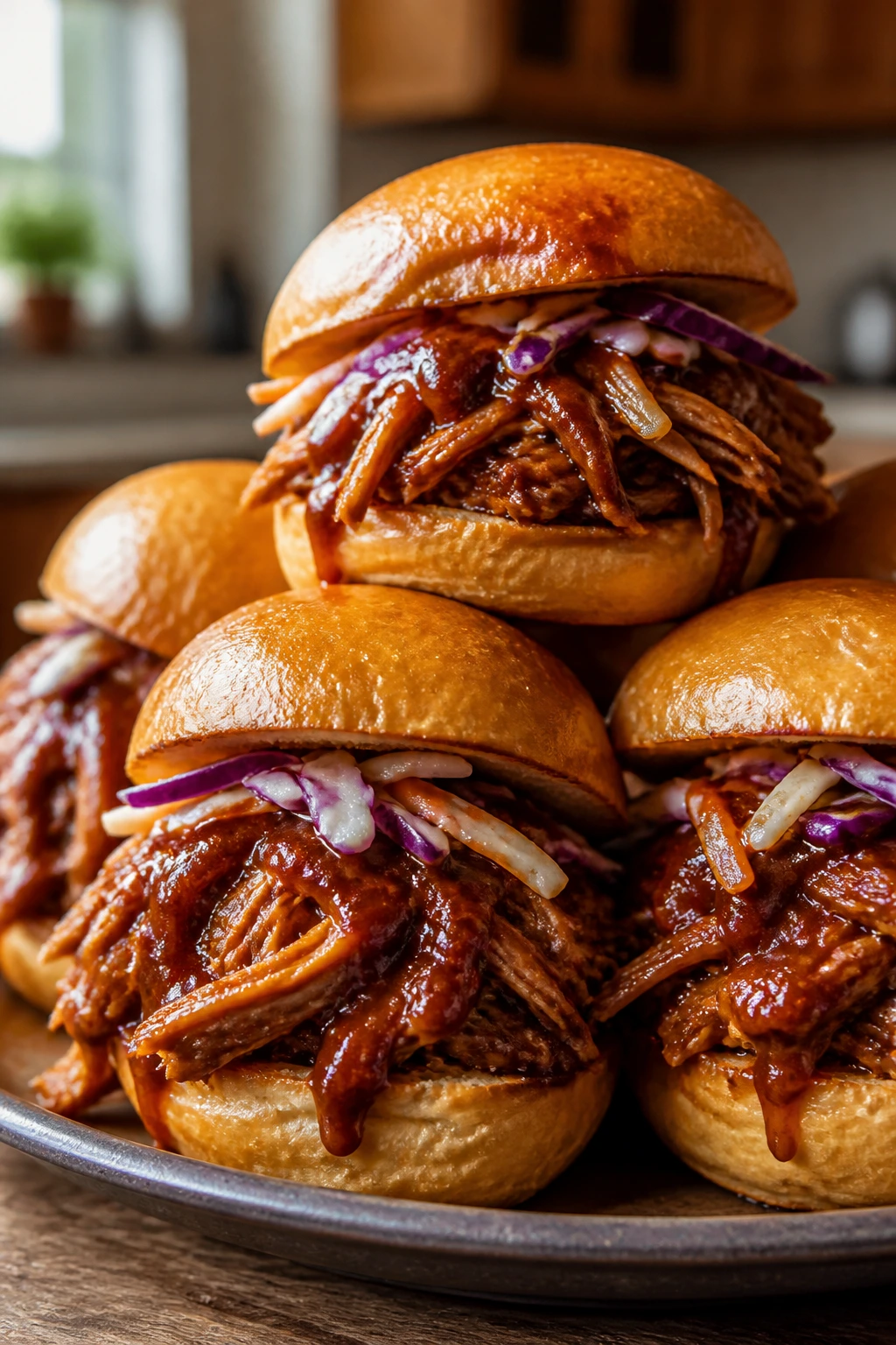 Close-up of BBQ pulled chicken sliders on a plate with slaw