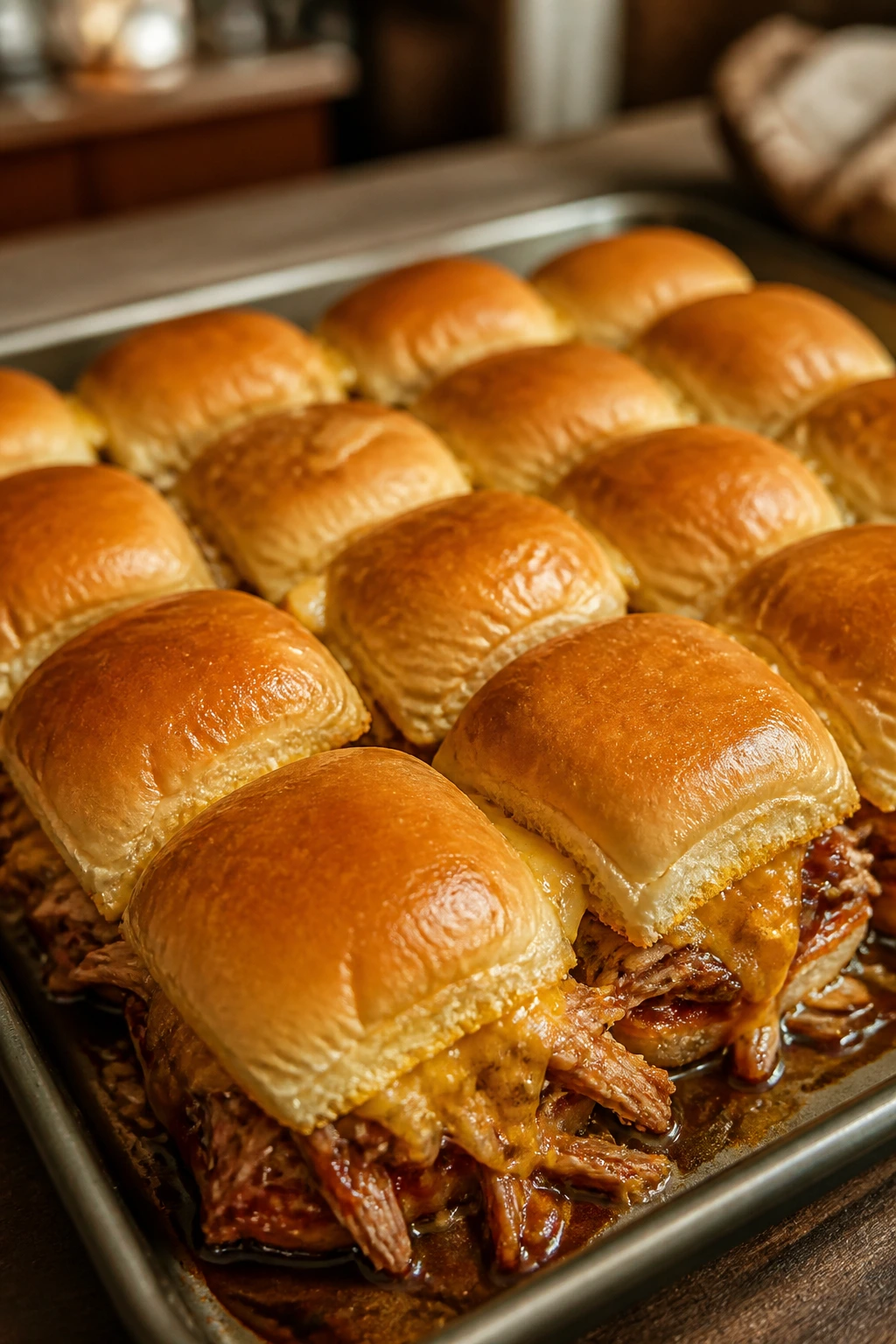 Tray of bbq pulled chicken sliders with melted cheese on a sheet pan