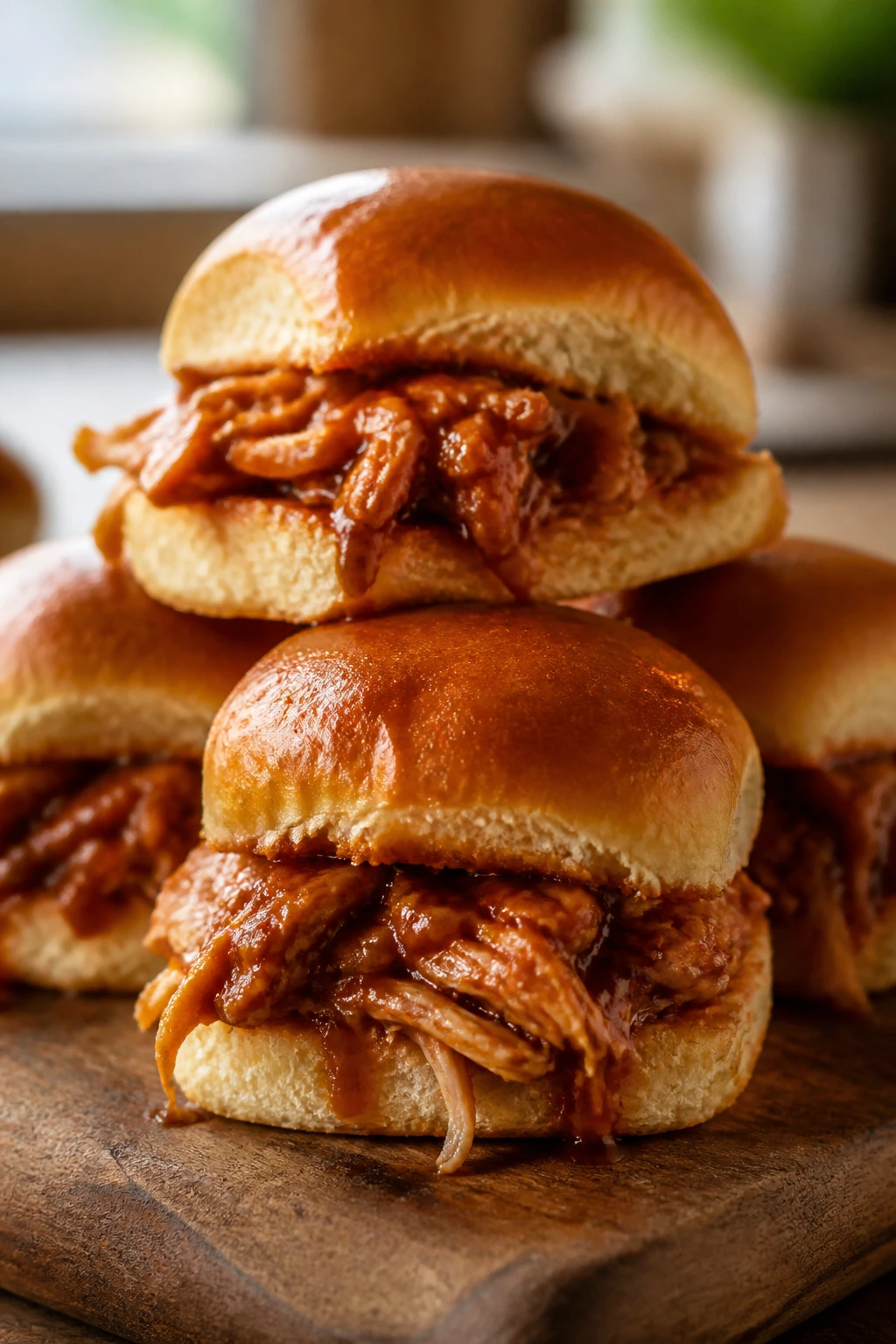 Close-up of BBQ pulled chicken sliders on wooden board in warm kitchen light