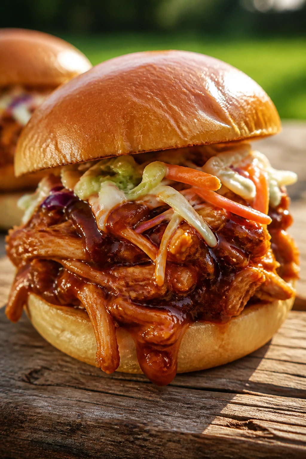 Close-up of BBQ pulled chicken slider on a rustic wooden picnic table outdoors