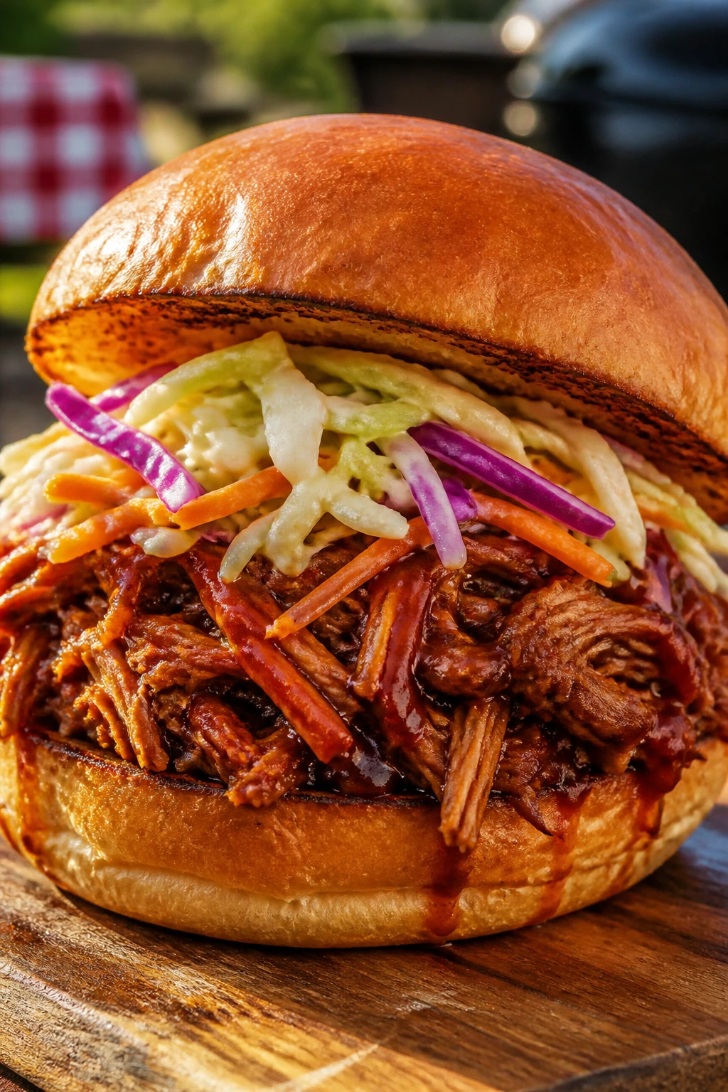 Close-up of a BBQ pulled pork sandwich with slaw on a toasted brioche bun.