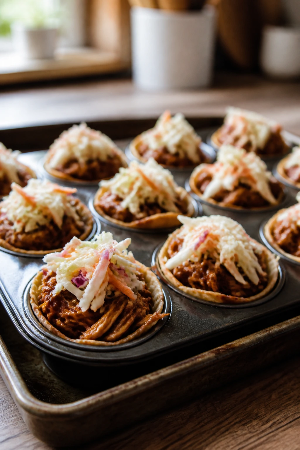 Close-up of BBQ pulled pork cups with slaw in muffin cups