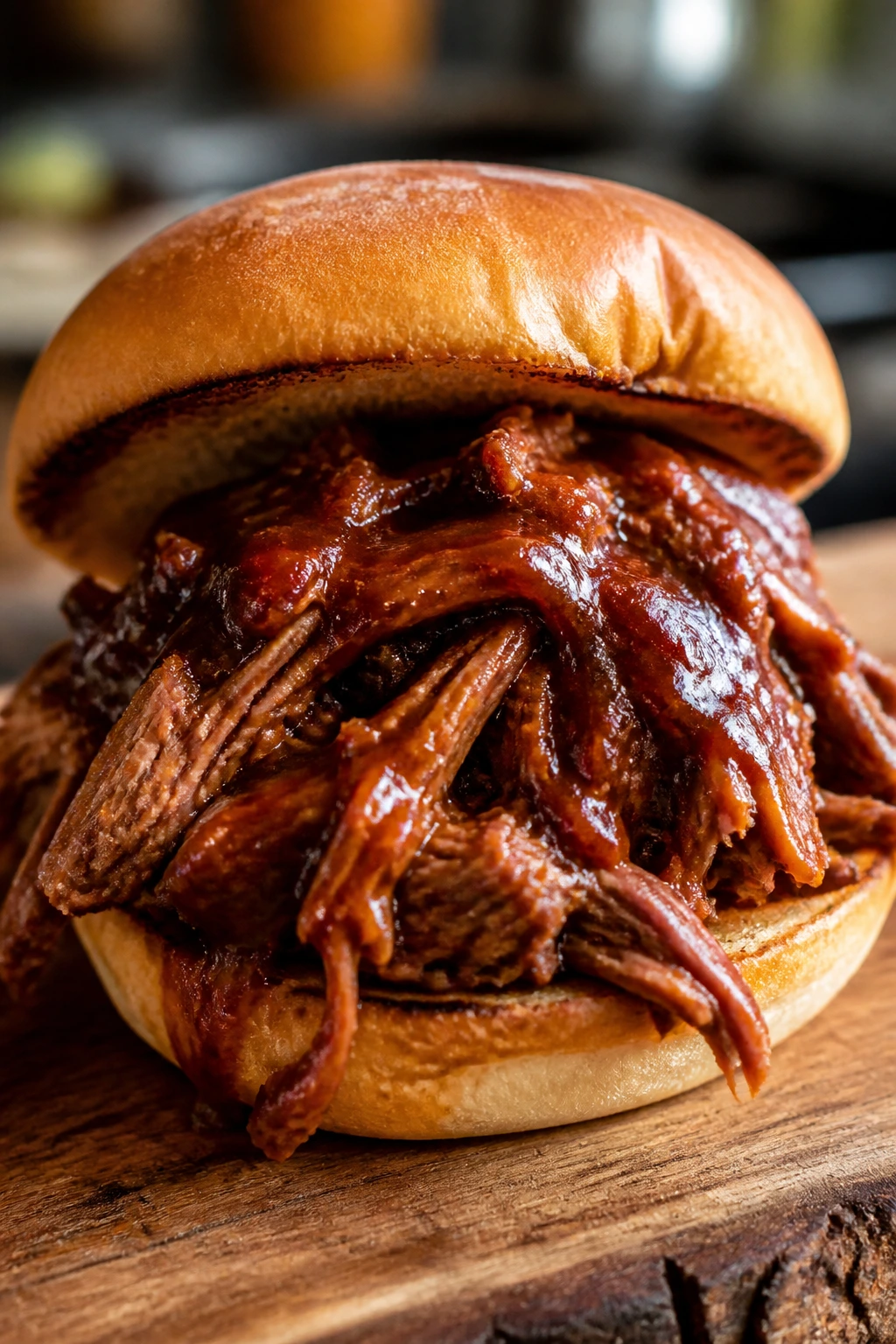 Juicy pulled pork sandwich with BBQ sauce on a bun