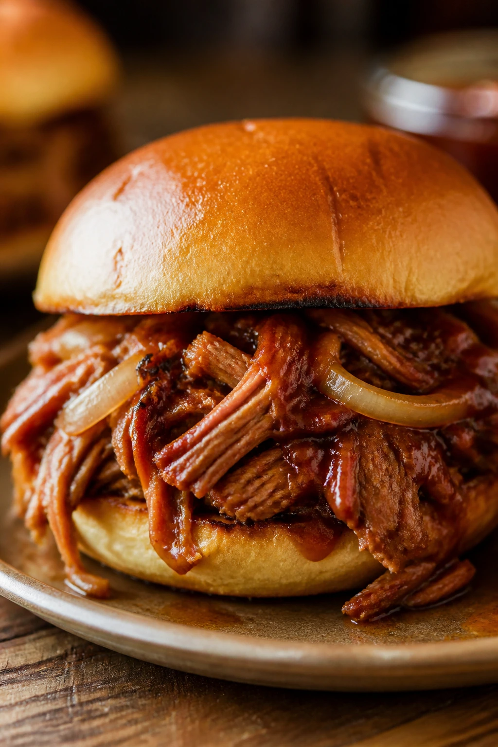 Close-up of a pulled pork sandwich with glaze on a plate