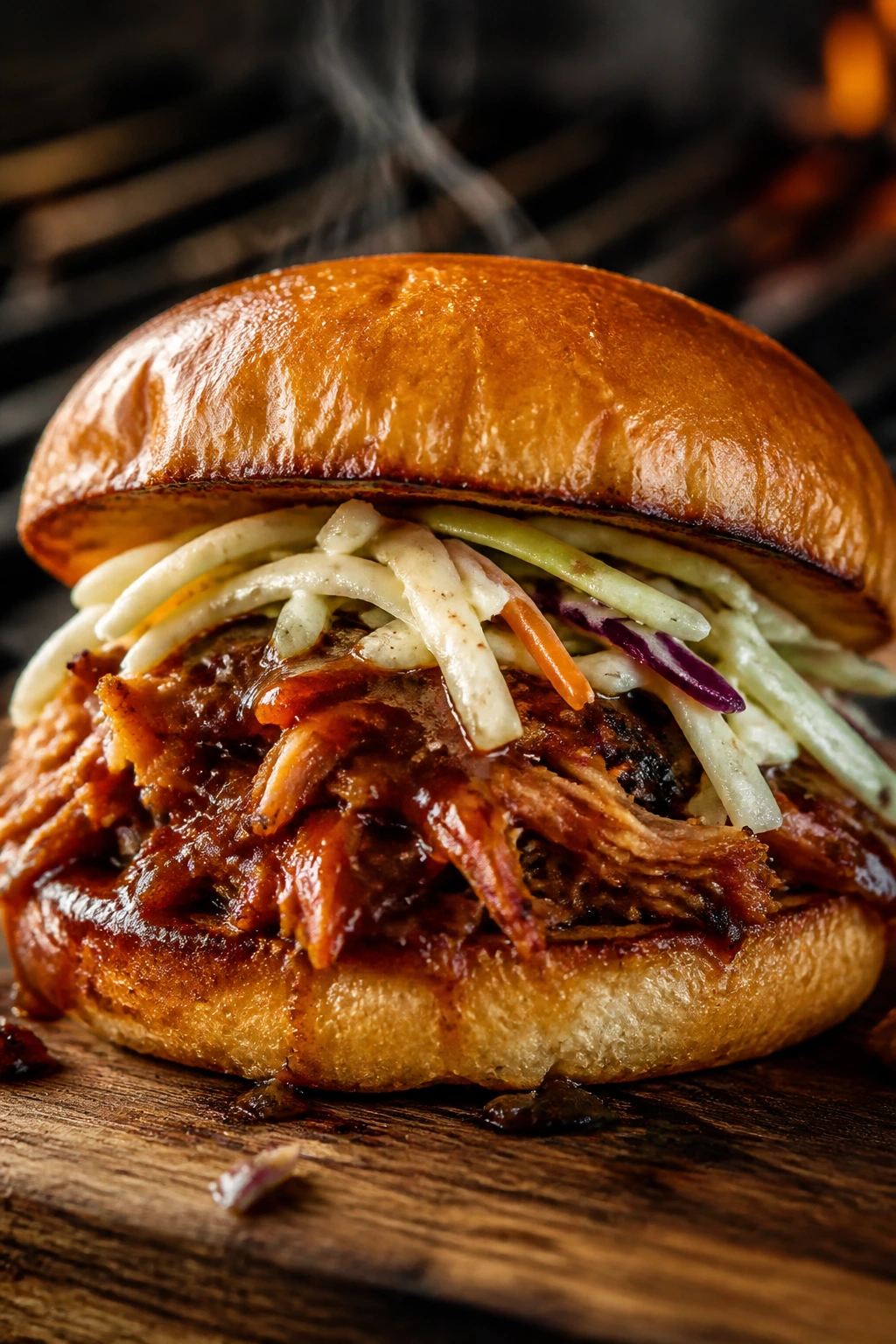 Close-up of BBQ pulled pork sandwich with slaw on brioche bun