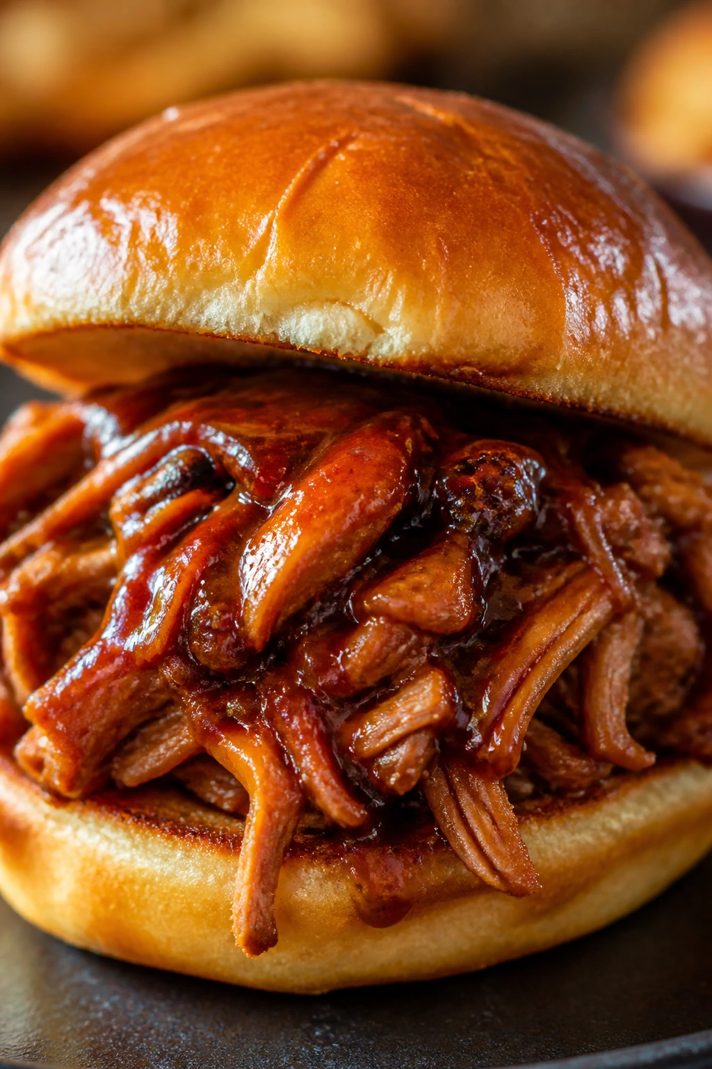 Close-up of a sticky BBQ pulled pork slider on a bun