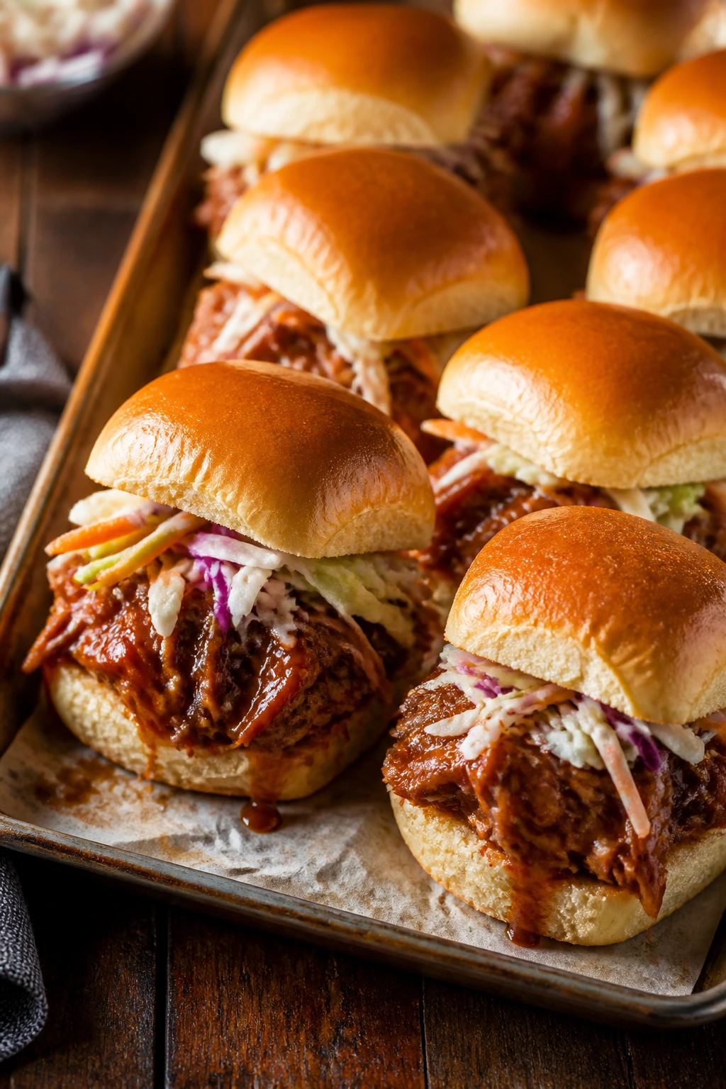 Stacked BBQ pulled pork sliders on a wooden tray
