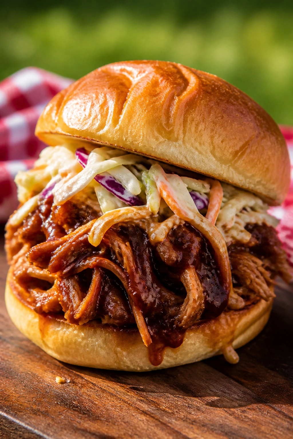 Close-up of a BBQ pulled pork slider on a bun at picnic