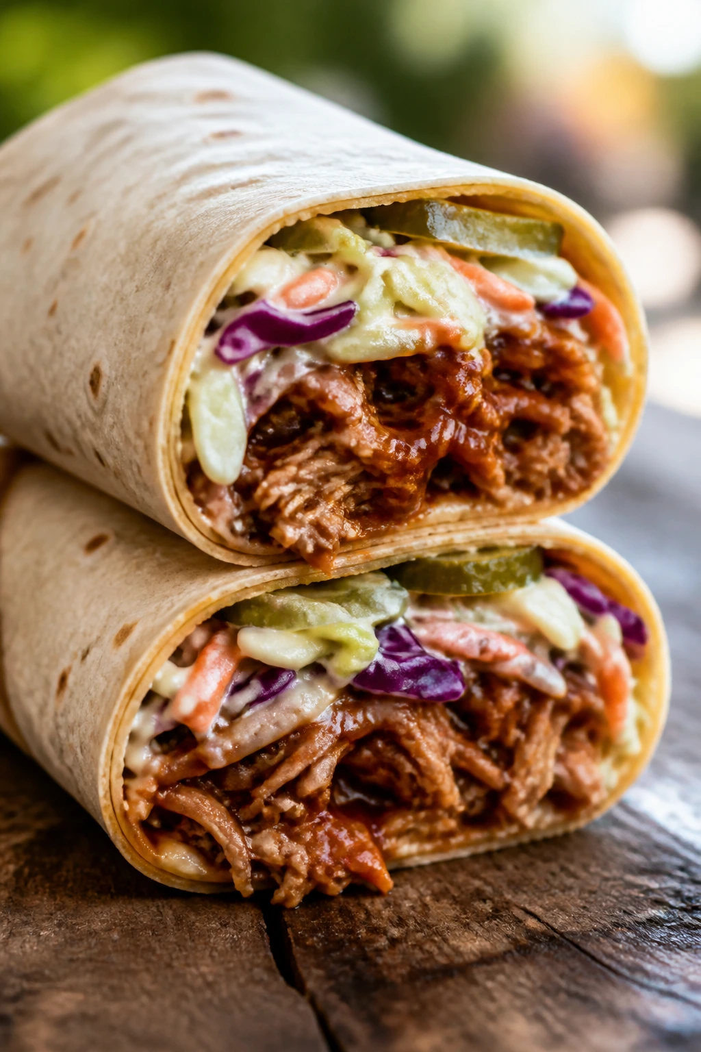 Cross-section of BBQ pulled pork coleslaw wrap on a picnic table