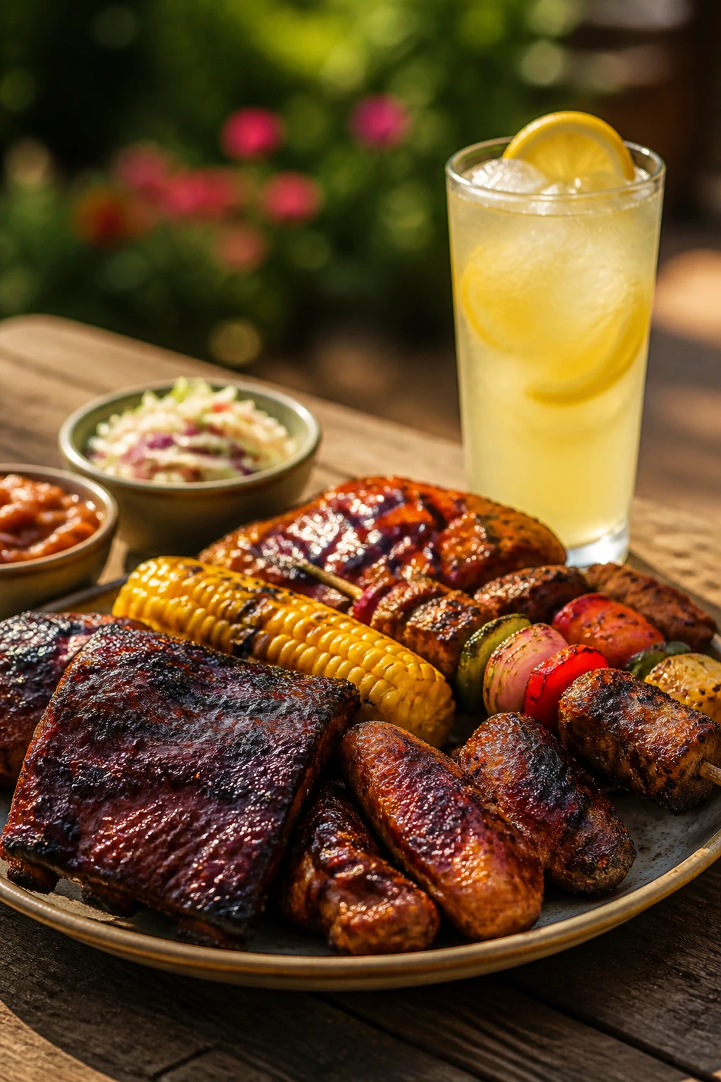 Close-up of a glossy BBQ platter beside a cold drink on a wooden table