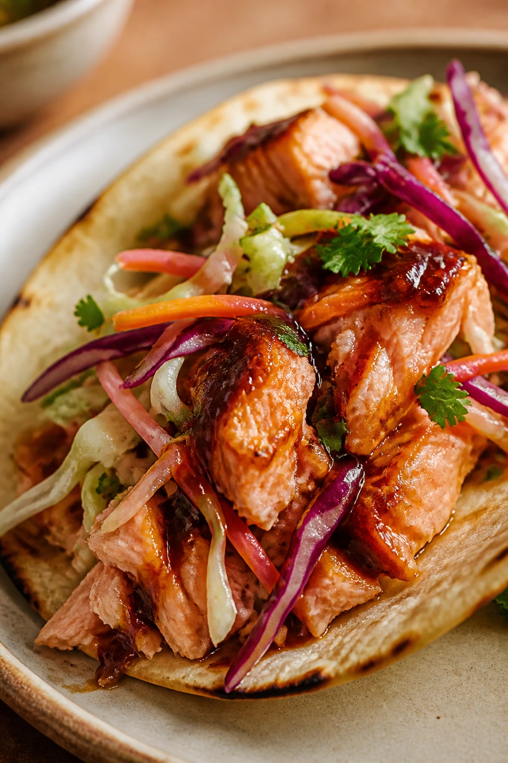 Close-up of BBQ salmon taco with slaw on plate