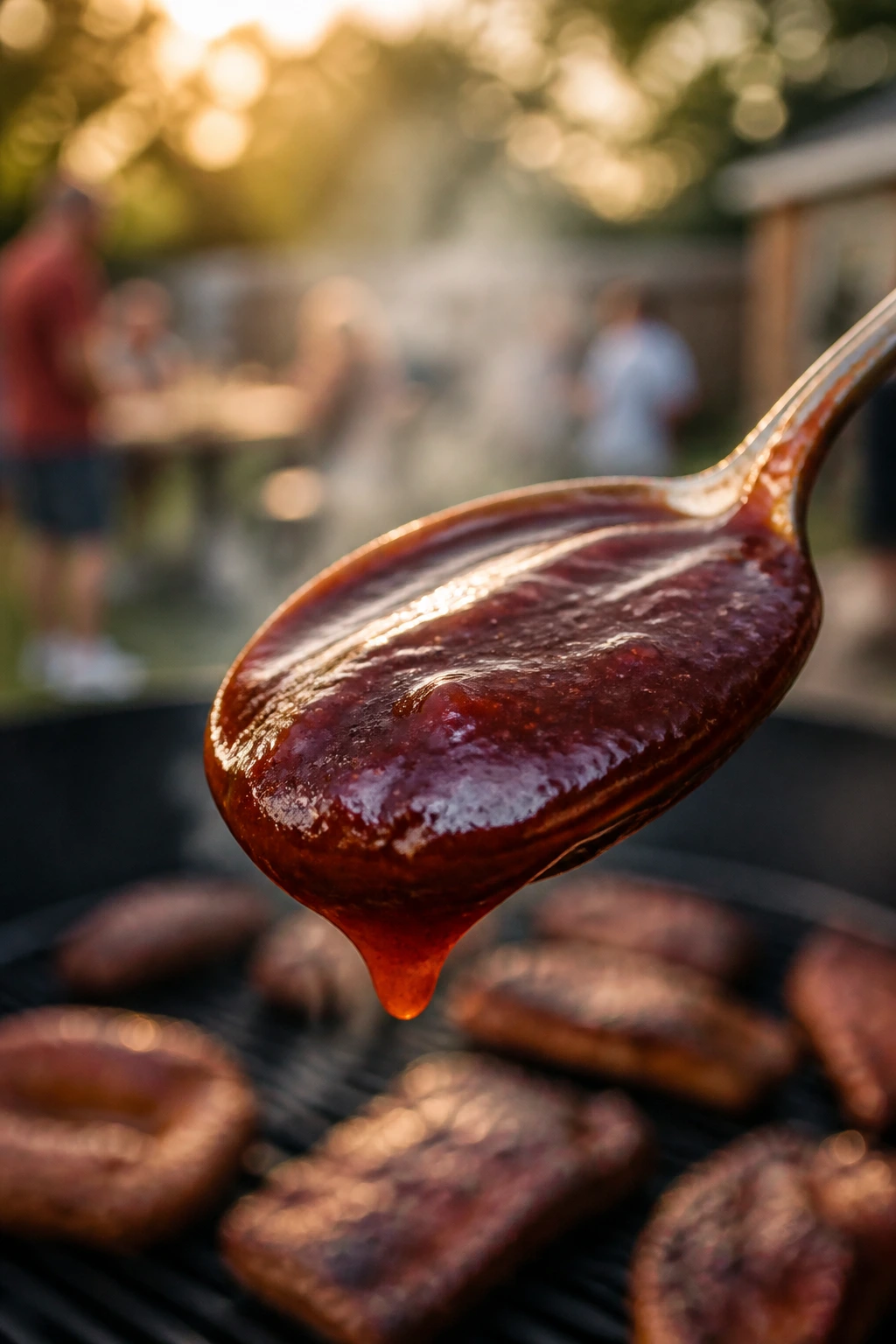 Close-up of glossy smoky honey BBQ sauce on a spoon in an outdoor cookout setting.