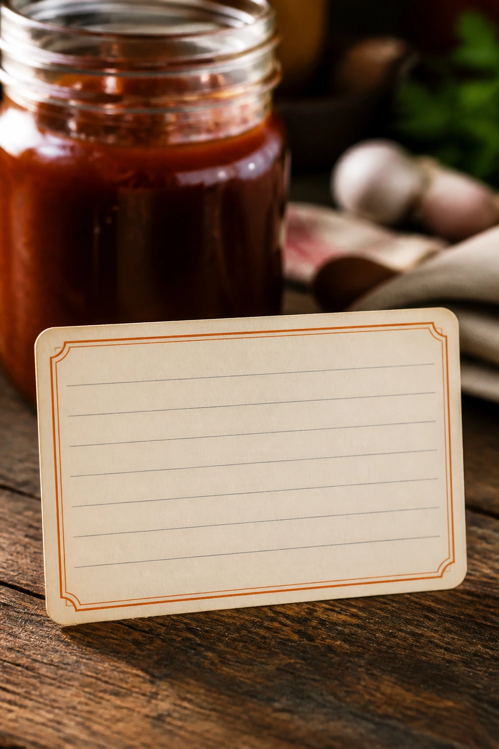 Close-up of a blank recipe card beside a jar of tangy BBQ sauce in a kitchen setting