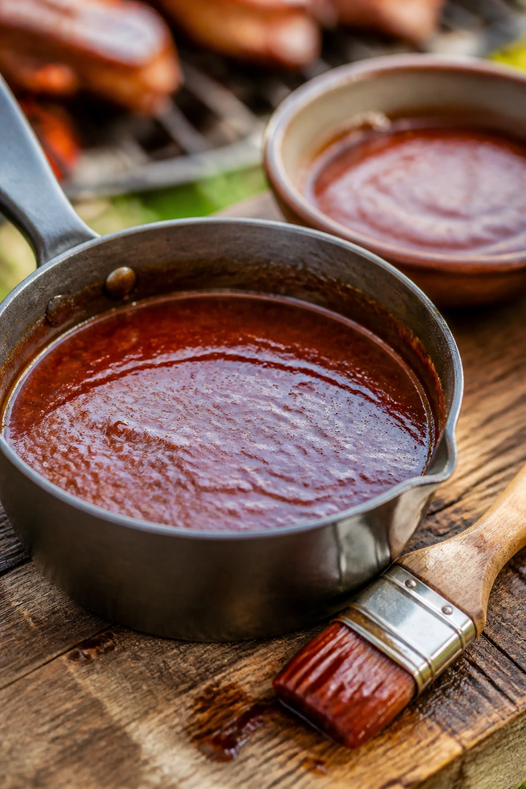 Close-up of warm BBQ sauce in a small pan with a bowl and brush on a rustic wooden table